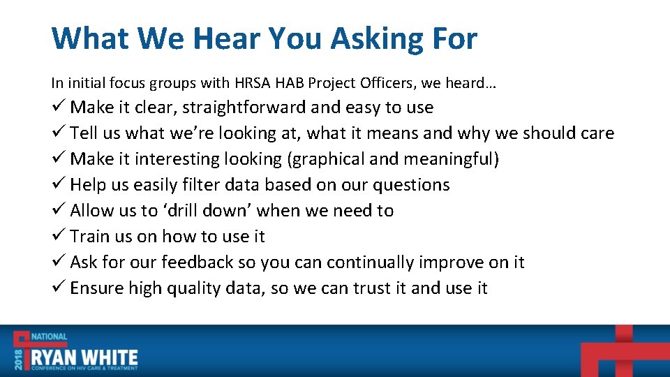 What We Hear You Asking For In initial focus groups with HRSA HAB Project