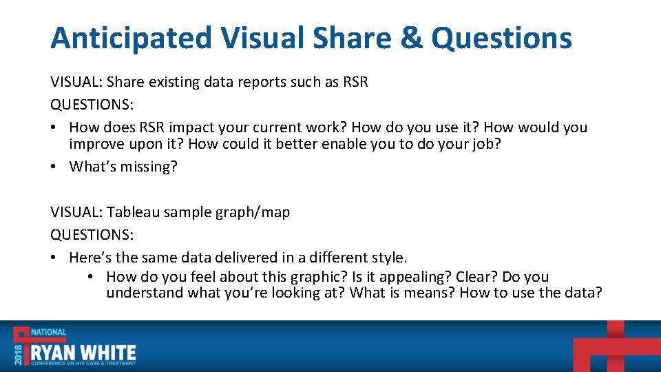 Anticipated Visual Share & Questions VISUAL: Share existing data reports such as RSR QUESTIONS: