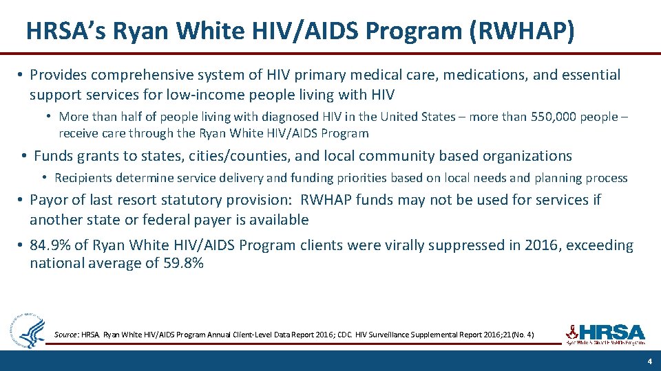 HRSA’s Ryan White HIV/AIDS Program (RWHAP) • Provides comprehensive system of HIV primary medical