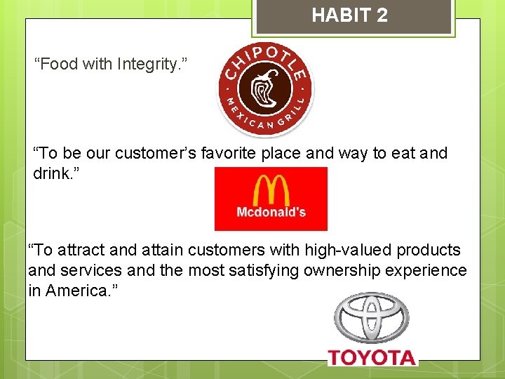 HABIT 2 “Food with Integrity. ” “To be our customer’s favorite place and way