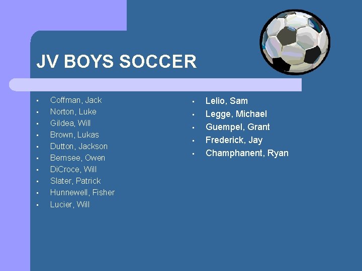 JV BOYS SOCCER • • • Coffman, Jack Norton, Luke Gildea, Will Brown, Lukas