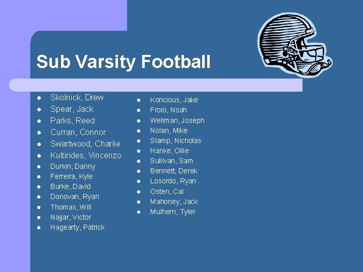 Sub Varsity Football l l l Skolnick, Drew Spear, Jack Parks, Reed Curran, Connor
