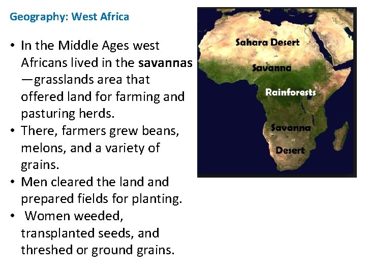 Geography: West Africa • In the Middle Ages west Africans lived in the savannas