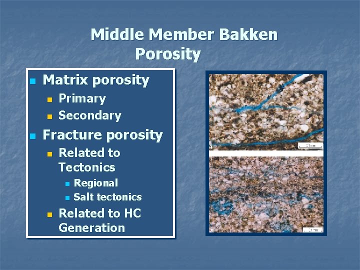 Middle Member Bakken Porosity n Matrix porosity n n n Primary Secondary Fracture porosity