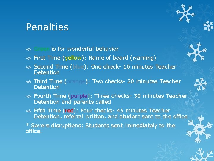 Penalties Green is for wonderful behavior First Time (yellow): Name of board (warning) Second