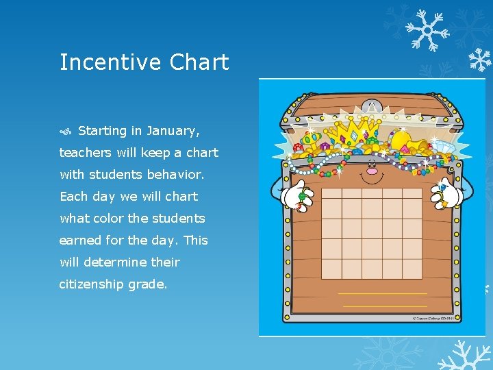 Incentive Chart Starting in January, teachers will keep a chart with students behavior. Each