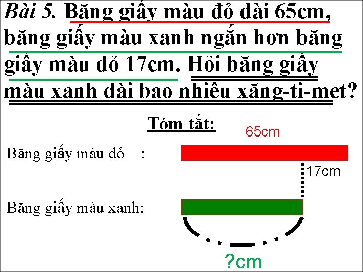 Bài 5. Băng giấy màu đỏ dài 65 cm, băng giấy màu xanh ngắn