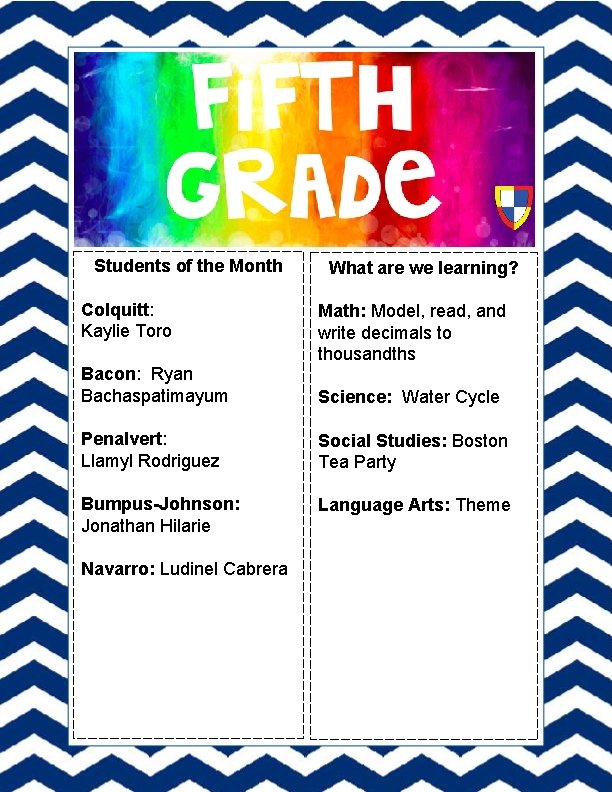 Students of the Month Colquitt: Kaylie Toro What are we learning? Math: Model, read,