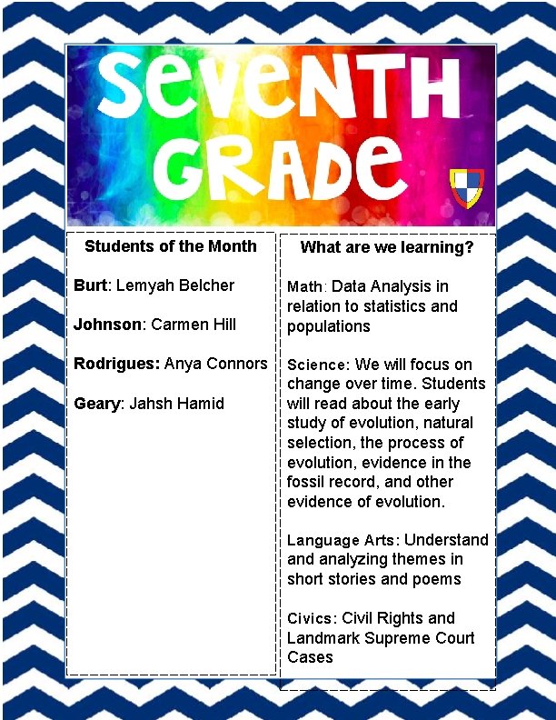 Students of the Month What are we learning? Burt: Lemyah Belcher Math: Data Analysis