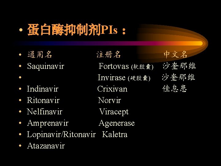 • 蛋白酶抑制剂PIs ： • • • 通用名 注册名 中文名 Saquinavir Fortovas (软胶囊) 沙奎那维