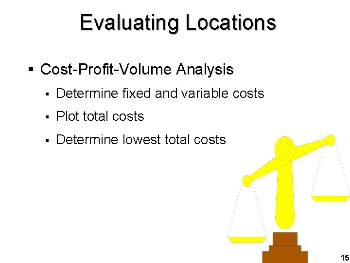 Evaluating Locations § Cost-Profit-Volume Analysis § Determine fixed and variable costs § Plot total