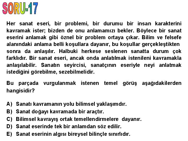 Her sanat eseri, bir problemi, bir durumu bir insan karakterini kavramak ister; bizden de