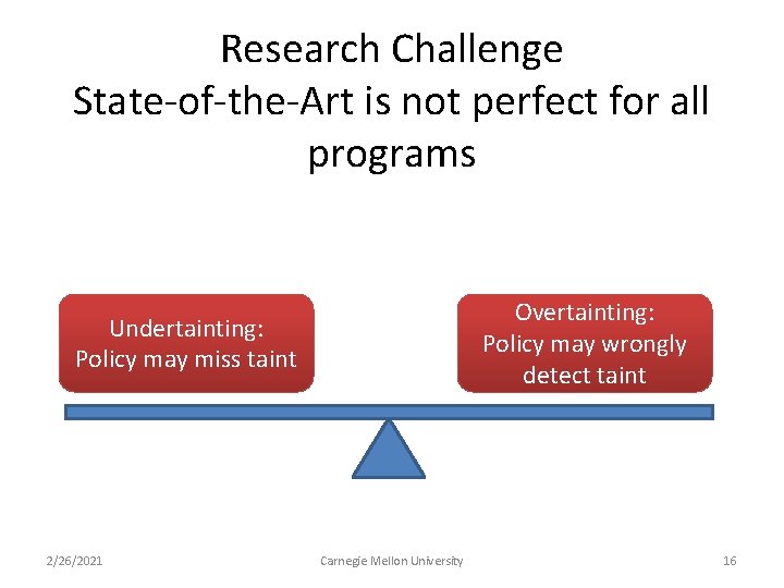 Research Challenge State-of-the-Art is not perfect for all programs Overtainting: Policy may wrongly detect