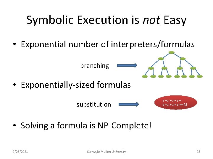 Symbolic Execution is not Easy • Exponential number of interpreters/formulas branching • Exponentially-sized formulas