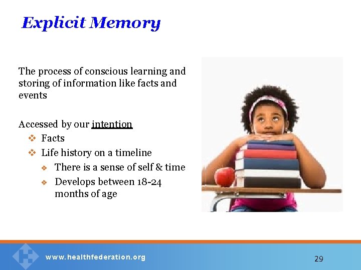 Explicit Memory The process of conscious learning and storing of information like facts and