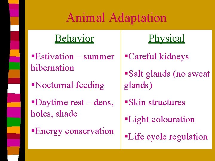 Animal Adaptation Behavior §Estivation – summer hibernation §Nocturnal feeding §Daytime rest – dens, holes,