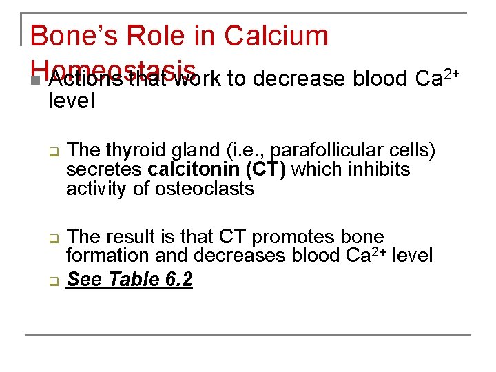 Bone’s Role in Calcium Homeostasis n Actions that work to decrease blood Ca 2+