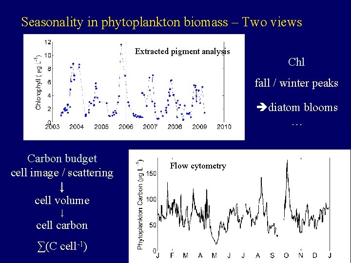 Seasonality in phytoplankton biomass – Two views Extracted pigment analysis Chl fall / winter