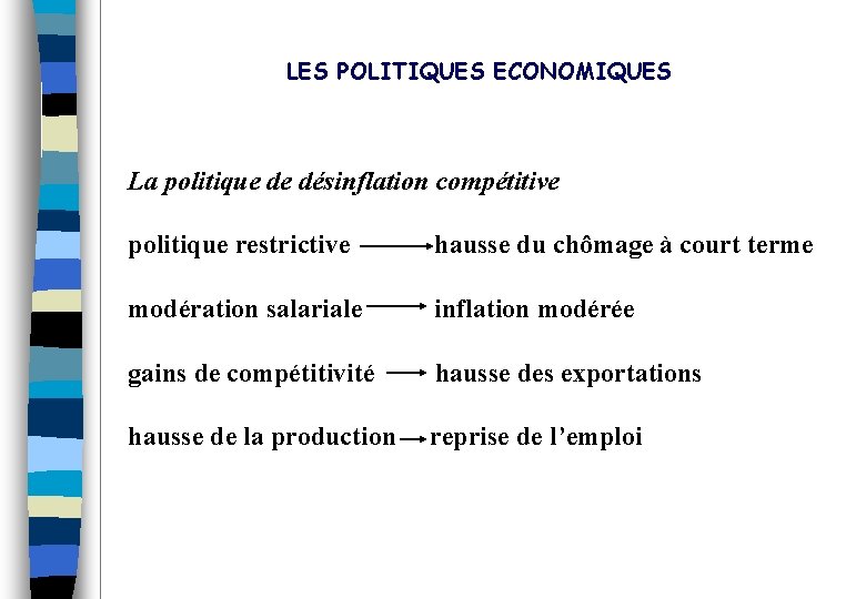 LES POLITIQUES ECONOMIQUES La politique de désinflation compétitive politique restrictive hausse du chômage à