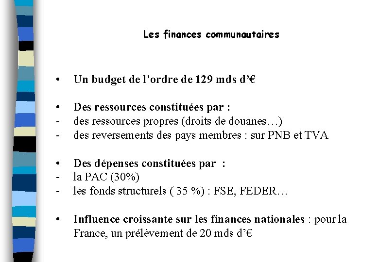 Les finances communautaires • Un budget de l’ordre de 129 mds d’€ • -