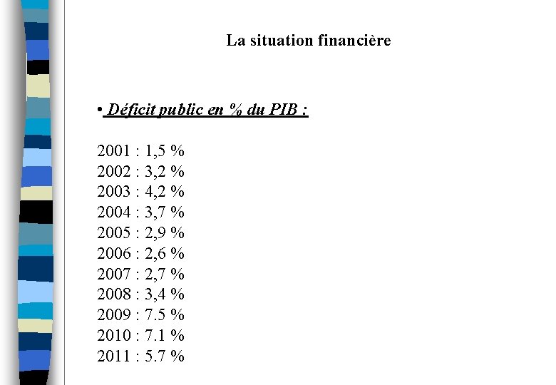 La situation financière • Déficit public en % du PIB : 2001 : 1,