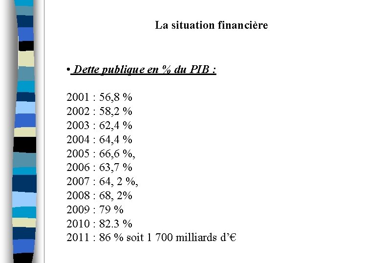 La situation financière • Dette publique en % du PIB : 2001 : 56,