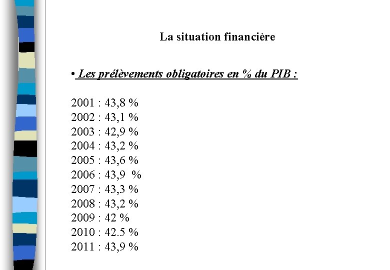 La situation financière • Les prélèvements obligatoires en % du PIB : 2001 :