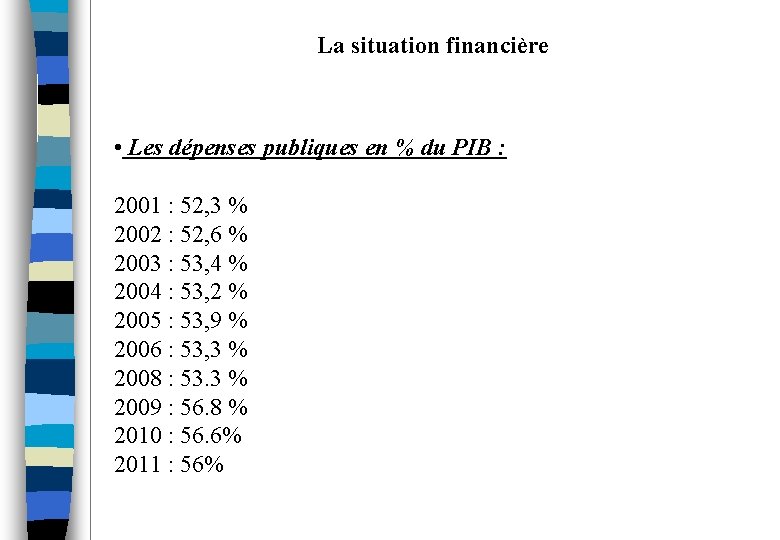 La situation financière • Les dépenses publiques en % du PIB : 2001 :