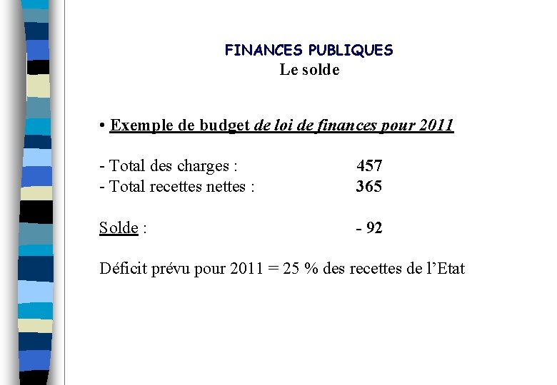 FINANCES PUBLIQUES Le solde • Exemple de budget de loi de finances pour 2011