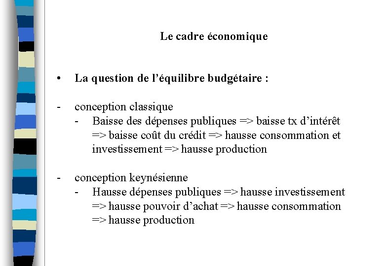Le cadre économique • La question de l’équilibre budgétaire : - conception classique -