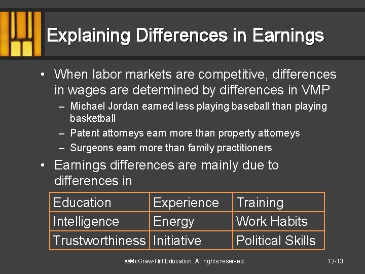 Explaining Differences in Earnings • When labor markets are competitive, differences in wages are