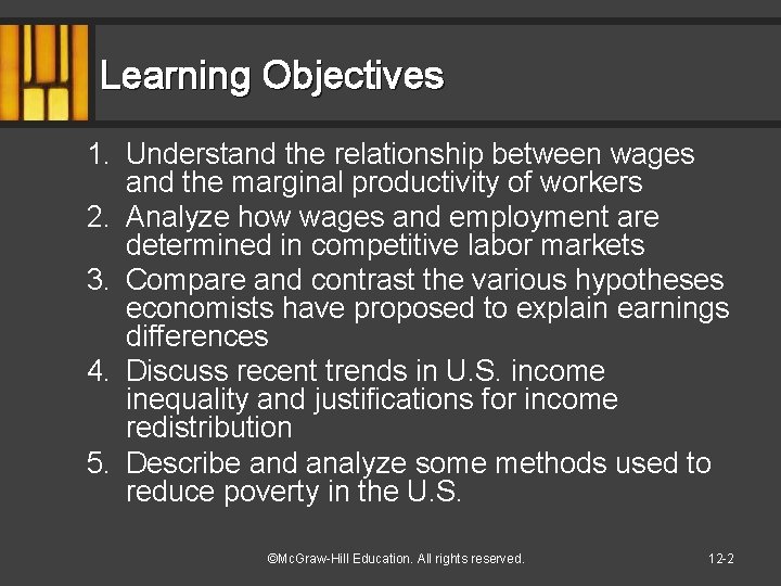 Learning Objectives 1. Understand the relationship between wages and the marginal productivity of workers