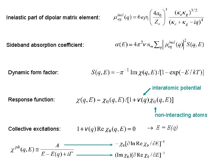 Inelastic part of dipolar matrix element: Sideband absorption coefficient: Dynamic form factor: interatomic potential