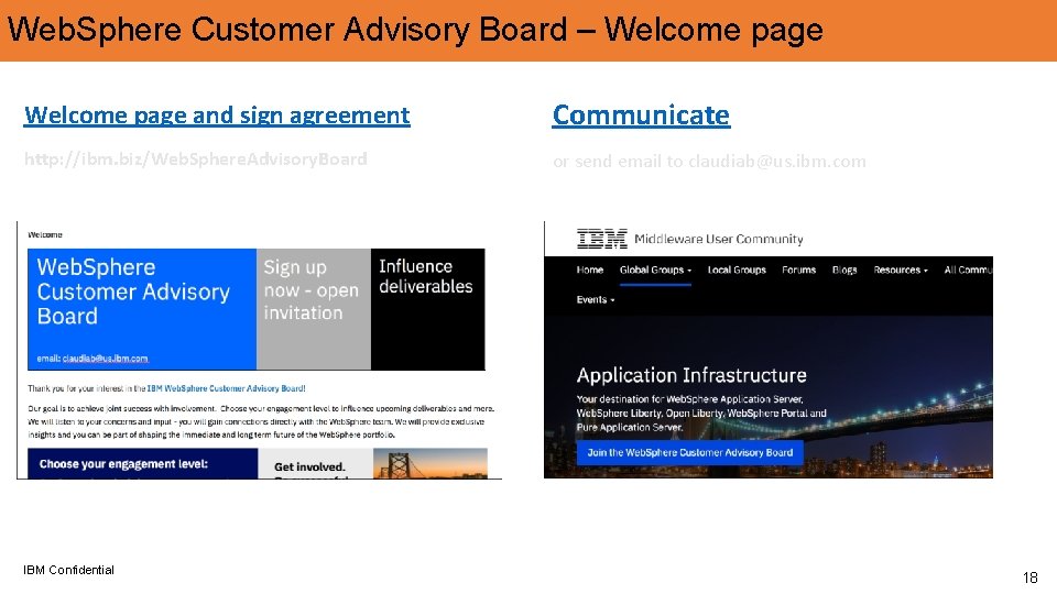 Web. Sphere Customer Advisory Board – Welcome page and sign agreement Communicate http: //ibm.