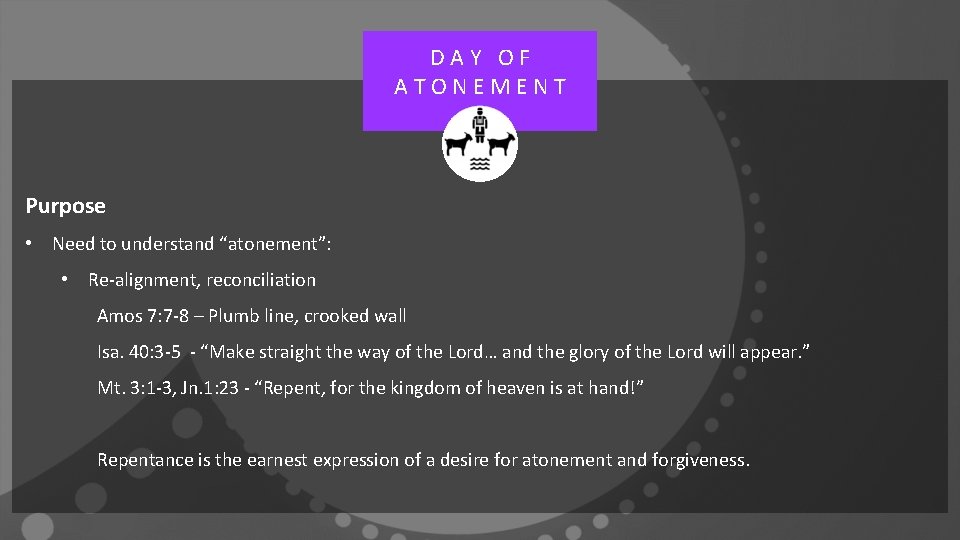 DAY OF ATONEMENT Purpose • Need to understand “atonement”: • Re-alignment, reconciliation Amos 7:
