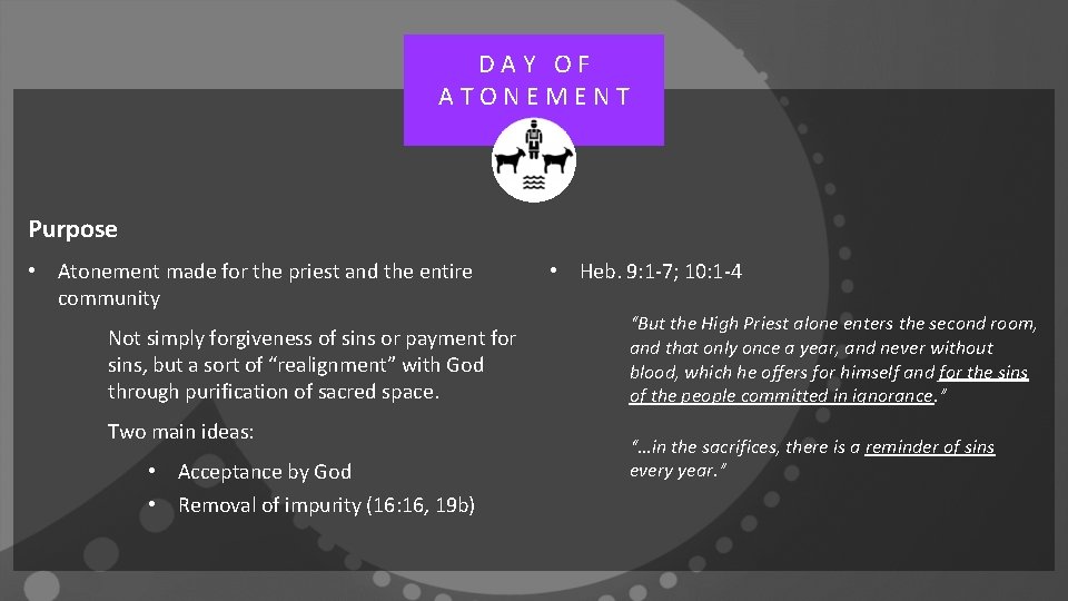DAY OF ATONEMENT Purpose • Atonement made for the priest and the entire community