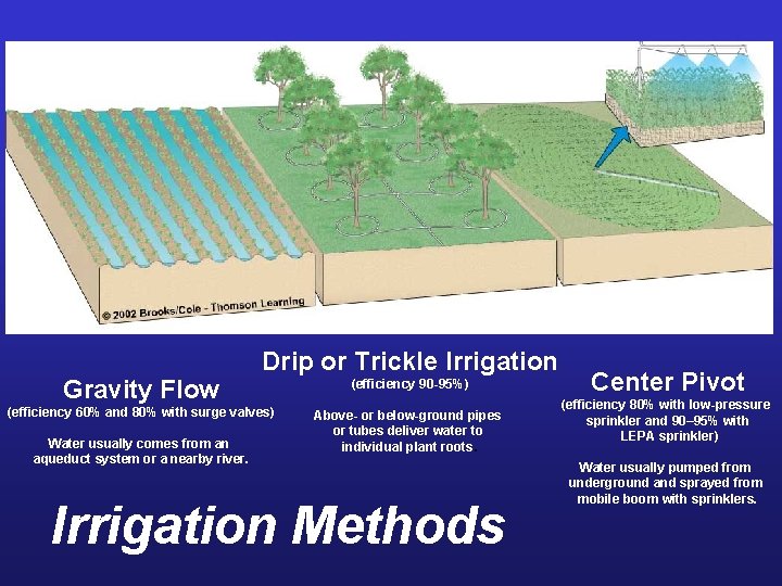 Gravity Flow Drip or Trickle Irrigation (efficiency 60% and 80% with surge valves) Water