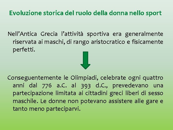 Evoluzione storica del ruolo della donna nello sport Nell’Antica Grecia l’attività sportiva era generalmente