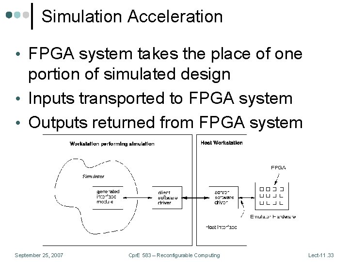 Simulation Acceleration • FPGA system takes the place of one portion of simulated design