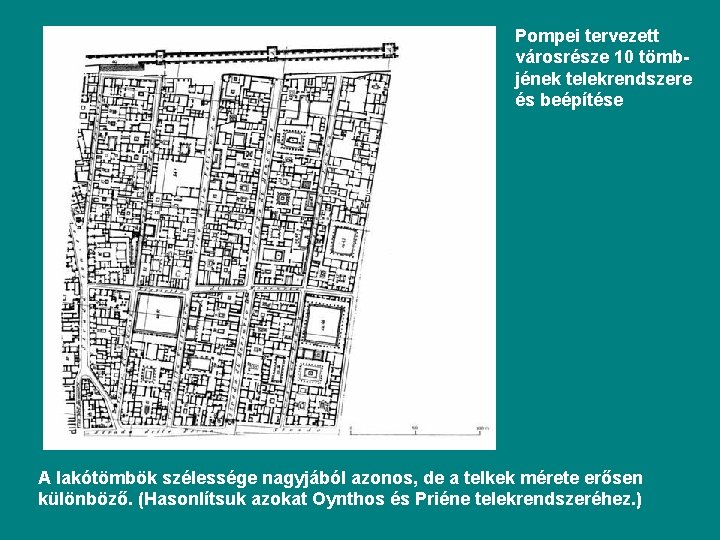 Pompei tervezett városrésze 10 tömbjének telekrendszere és beépítése A lakótömbök szélessége nagyjából azonos, de