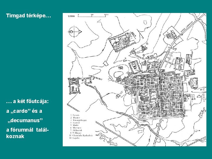 Timgad térképe… … a két főutcája: a „cardo” és a „decumanus” a fórumnál találkoznak