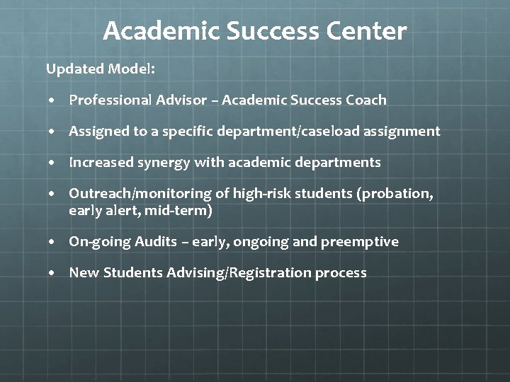 Academic Success Center Updated Model: • Professional Advisor – Academic Success Coach • Assigned