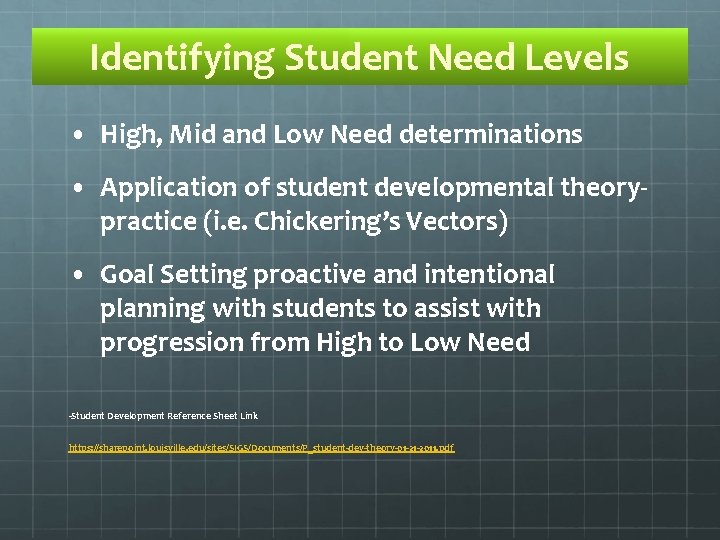 Identifying Student Need Levels • High, Mid and Low Need determinations • Application of