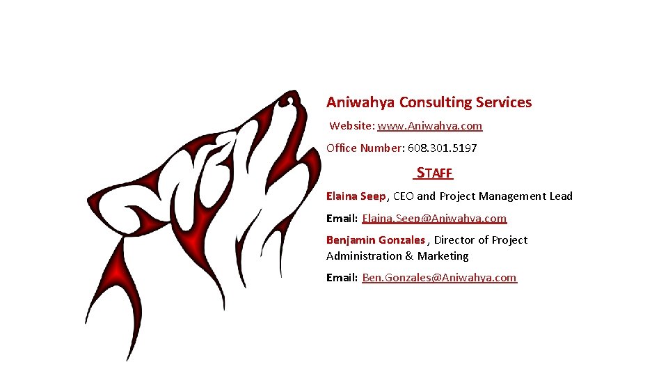 Aniwahya Consulting Services Website: www. Aniwahya. com Office Number: 608. 301. 5197 STAFF Elaina