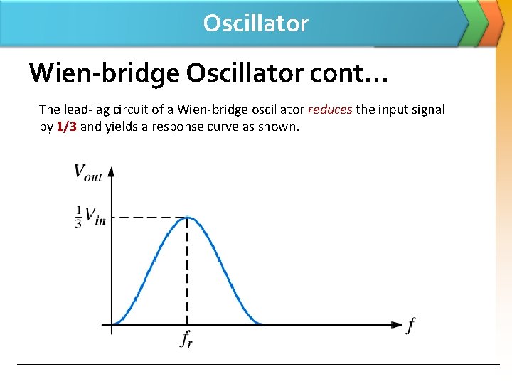 Oscillator Wien-bridge Oscillator cont… The lead-lag circuit of a Wien-bridge oscillator reduces the input