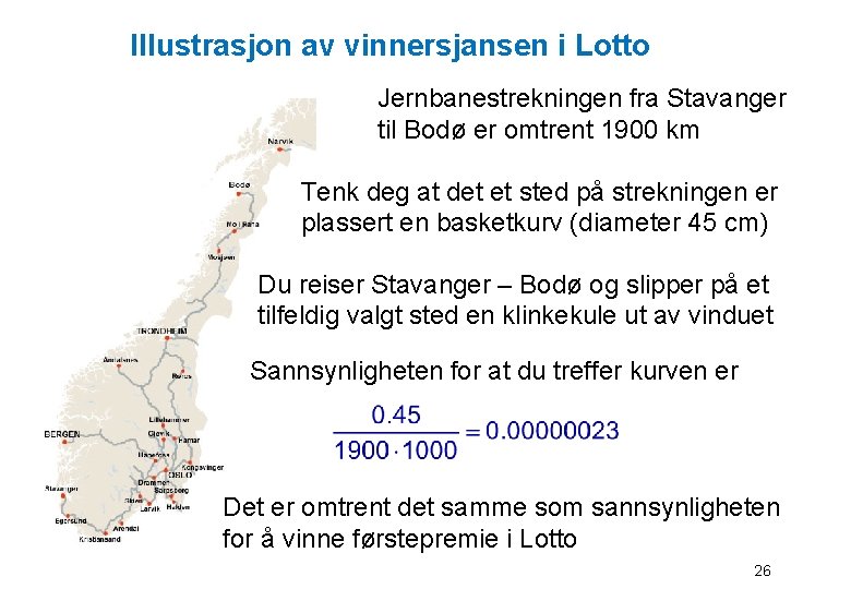 Illustrasjon av vinnersjansen i Lotto Jernbanestrekningen fra Stavanger til Bodø er omtrent 1900 km