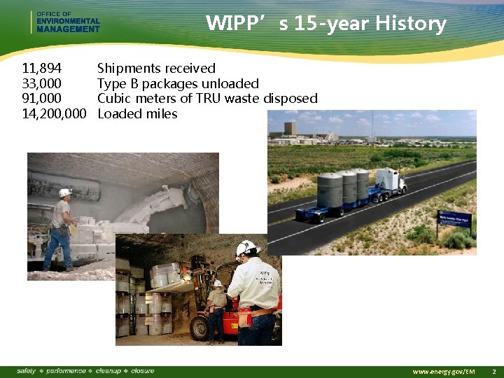 WIPP’s 15 -year History 11, 894 33, 000 91, 000 14, 200, 000 Shipments