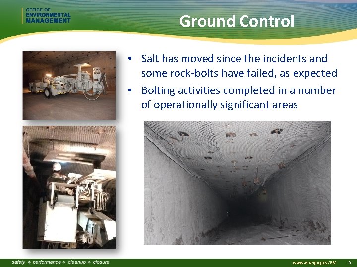 Ground Control • Salt has moved since the incidents and some rock-bolts have failed,