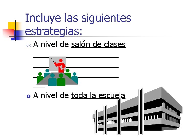 Incluye las siguientes estrategias: Œ A nivel de salón de clases A nivel de