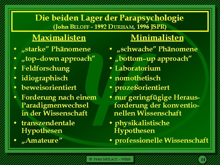  Die beiden Lager der Parapsychologie (John BELOFF - 1992 D URHAM, 1996 JSPR)